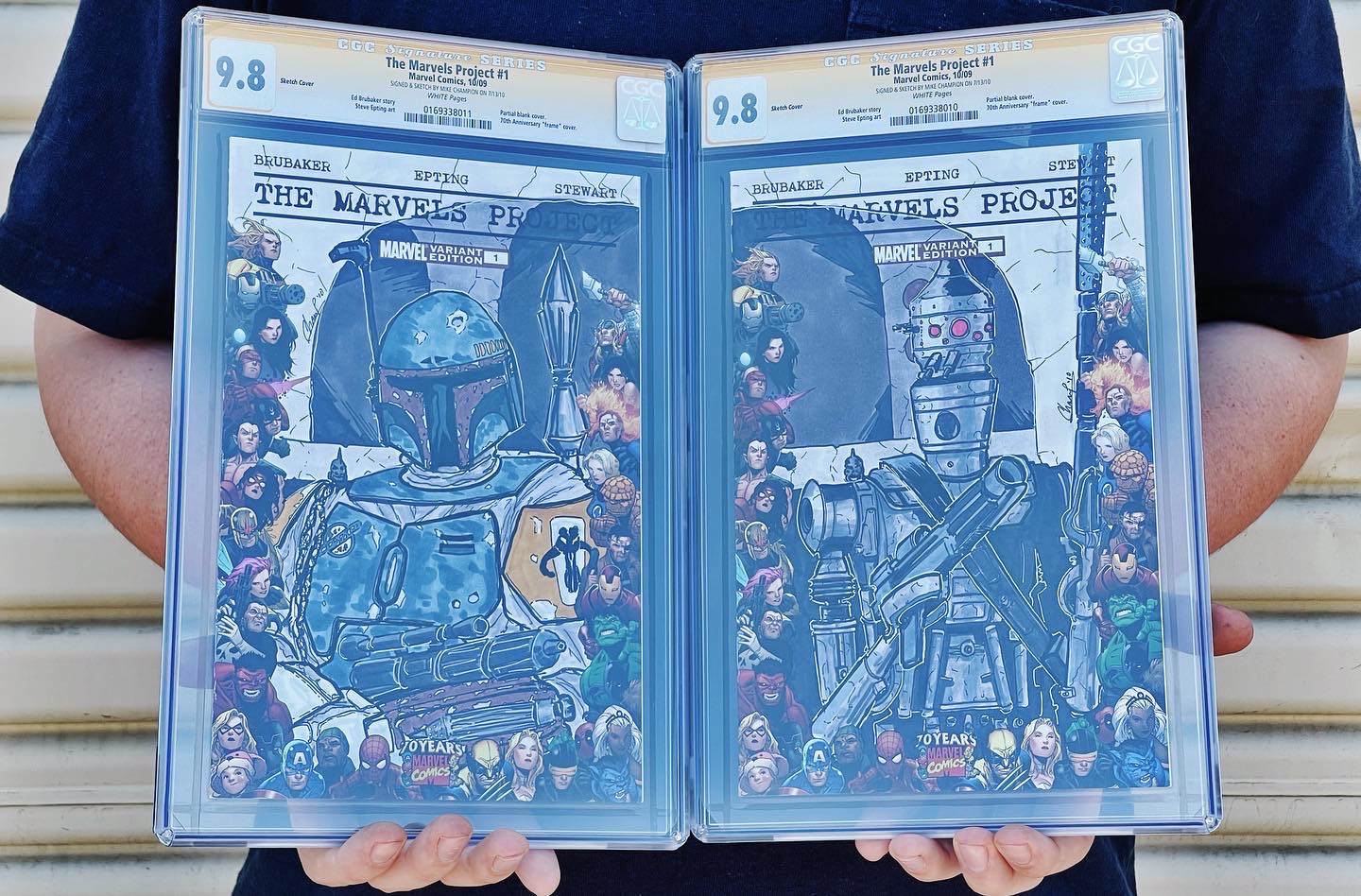 Two CGC graded sketch covers featuring Star Wars Bounty Hunters and a connecting backgorund.