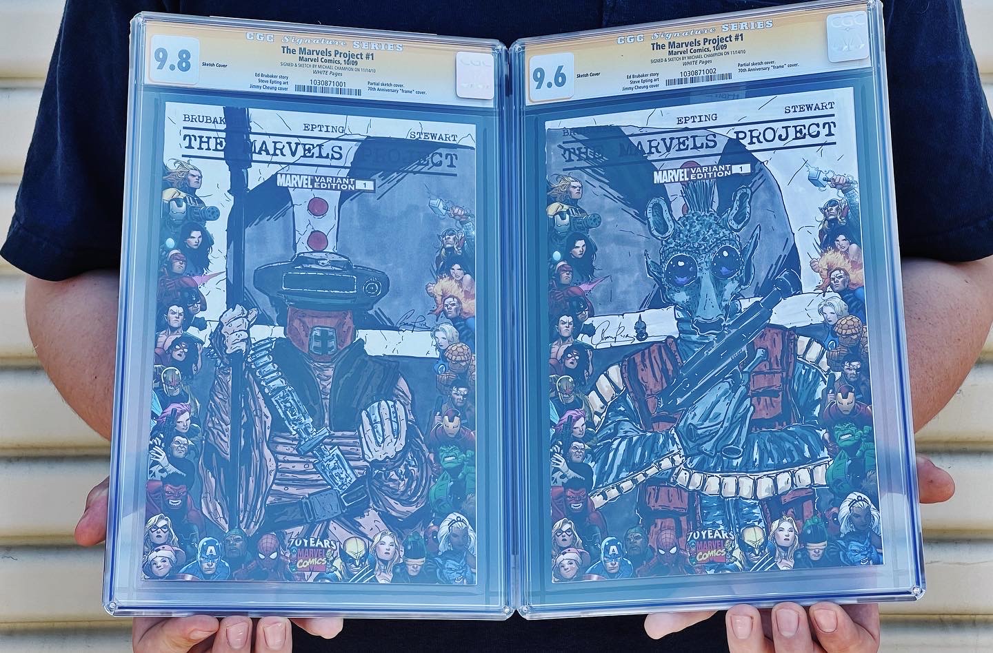 Two CGC graded sketch covers featuring Star Wars Bounty Hunters and a connecting backgorund.